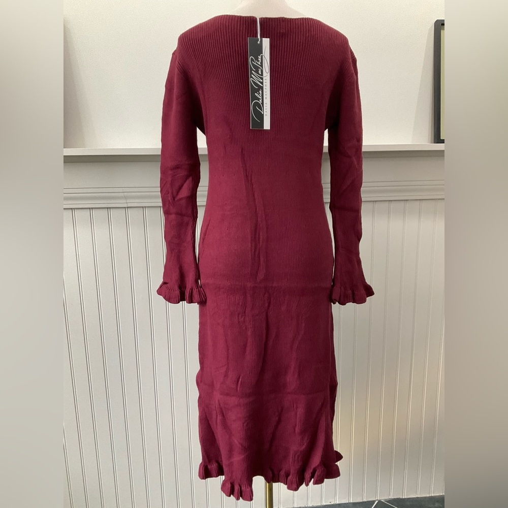 Dalia MacPhee Burgundy Sweater Dress Floral Crochet Long Sleeve Midi Size Large - Picture 4 of 5